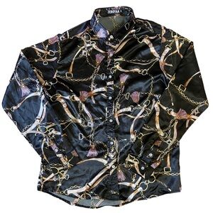ZEROYAA Black Silky Smooth Pink Chain Design Button-down Shirt